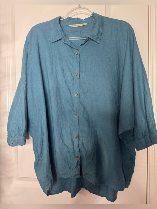 Wearables Tops - Wearables Women’s Relaxed Button-Down Shirt Teal Blue Lg linen blend oversized